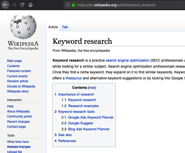 wikipedia example keyword research